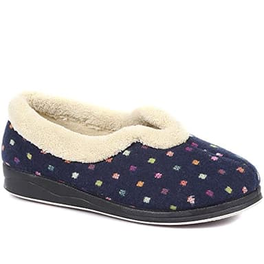 Pavers - Womens Wide Fit Polka Dot Slippers in Navy - Classic Slip-On Silhouette - Lined with Soft, Fluffy Comfort - Treated with Permalose, Supporting Better Foot Health - Size 7 UK Wide