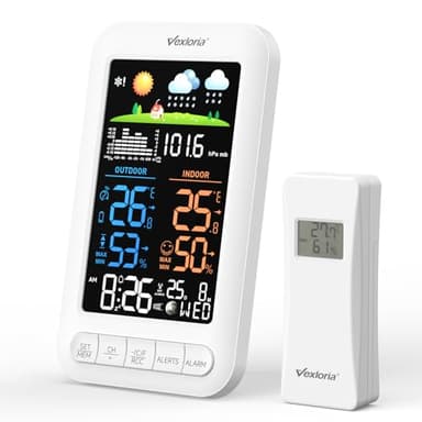 Vexloria Wireless Weather Station with Outdoor Sensor, Indoor Outdoor Thermometer Hygrometer with Barometer, Weather Forecast, 100m Range, 3 Sensor Support, UK Weather Station