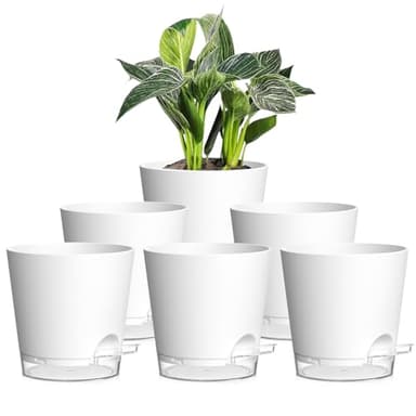 15cm Self Watering Plant Pots Indoor, 6 Pack Plastic Planters with Drainage Holes & Saucer, Ideal for All Indoor Outdoor House Plants(White With Transparent Drainage)