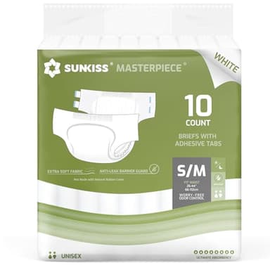 SUNKISS Masterpiece Adult Diapers with Ultimate Absorbency, Unisex Disposable Incontinence Briefs with Tabs for Women and Men, Odor Control, Overnight Protection, White, S/M, 10 Count