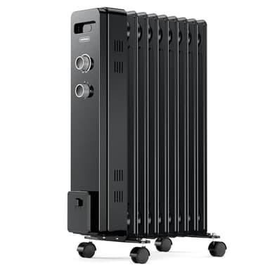 VonHaus Oil Filled Radiator 9 Fin – Oil Heater Portable Electric Free Standing 2000W for Home, Office, Any Room – Adjustable Thermostat, 3 Heat Settings, 4x Wheels, 1.5m Power Cable – 2 Year Warranty