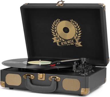Vinyl Record Player, USB Recording Turntable Bluetooth 3-Speed Portable Vintage Suitcase with Built-in Speakers, RCA Line Out AUX in Headphone Jack Digital vinyl to MP3, Black