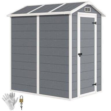 Outsunny 4 x 6ft Garden Shed, Plastic Shed with Floor, Window, Lockable Door and Vents, Resin Tool for Outdoor Patio Storage, Zero Maintenance, Grey
