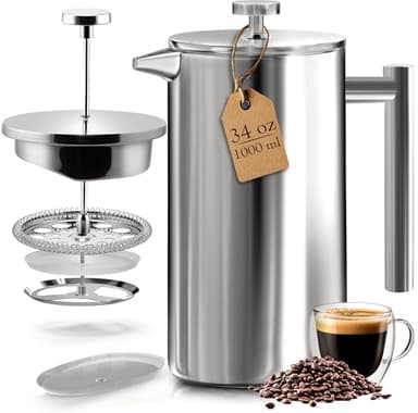 KICHLY French Press Coffee Maker, 1 Litre (8 Cups) Double Wall Stainless Steel Cafetiere, Silver – Insulated Coffee Press (Pack of 1)