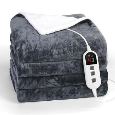 Elytsemoh Electric Blanket with 10 Heat Levels, Up-to-9-Hours Auto-Off Timer, flannel sherpa 160x130CM, Machine Washable, Overheat Protection, electric throw blanket for sofa Bed Office