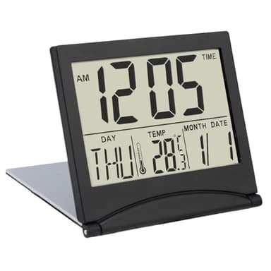 Fuitke Digital LCD Travel Alarm Clock, Small Foldable Digital Clock with Date Day Calendar Temperature Display Portable Office Compact Clock Battery Operated Desk Clocks for Table Home Use (Black)