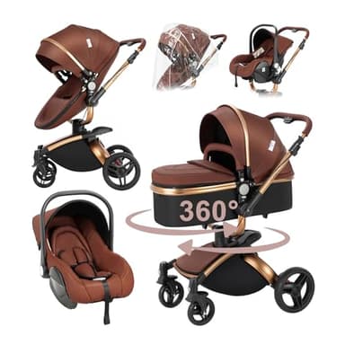 Magic ZC PU Leather 3 in 1 Pushchair Pram Travel System, Baby Stroller 3 in 1 with 360° Rotatable Seat, Newborn Infant Carriage One-Click Folding, Toddler Buggy Aluminum Frame (906 Brown)