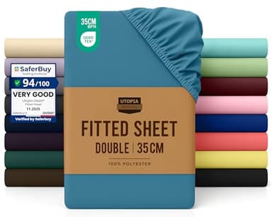 Utopia Bedding Fitted Sheet Double, Denim Blue - Deep Pocket 14 inch (35 cm) - Easy Care - Soft Brushed Microfibre Fabric - Shrinkage and Fade Resistant - Bottom Sheet
