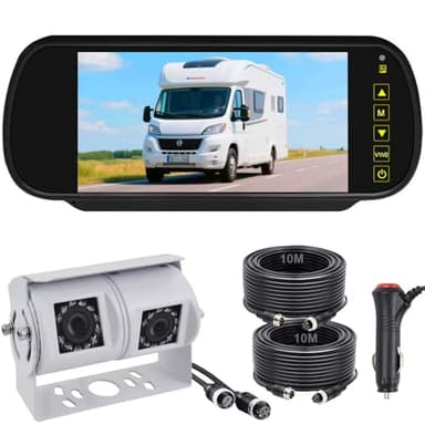 4PIN White Dual Lens RVs Reversing Camera with 7 inch Rear View Mirror Monitor, Night Vision Waterproof Reverse Backup Camera for Motorhome Truck Caravan 12V-24V