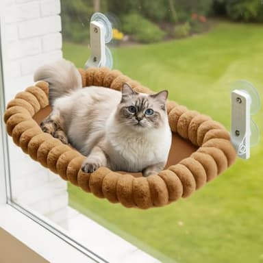 CareCooo Cat Window Hammock, Plush Cat Window Bed with 4 Powerful Suction Cups, Foldable Perch for Indoor Cats, Sturdy Steel Frame Holds 18kg, Washable, M(52x30cm), Brown