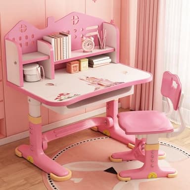 Kids Desk and Chair Set, Height Adjustable Student Writing Desk, Children School Study Table with Storage Drawer, Shelves, Bookstand, Hook, for Studying, Reading, Drawing, for Ages 3-18 Years (Pink D)