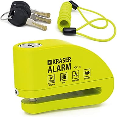KRASER KR6Y Alarm Disc Lock, Reinforced Disc Brake Lock with 3 Keys (Others 2), Heavy Duty Anti-Theft Motorcycle with Alarm,110dB, Weather-Resistant, Reminder Cable, Pouch, Motorbike Moped E-Bike