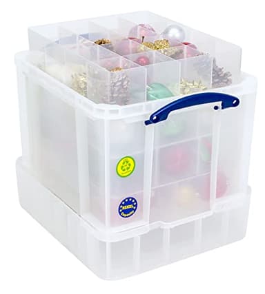 Really Useful Box Plastic Storage 35 Litre with XXL Lid with 4 Trays 1x6 + 1x9 + 1x12 + 1x16 Compartments Clear