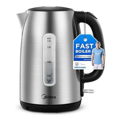 Midea Electric Kettle 3000W Fast Boil 1.7L Stainless Steel Kettle LED Indicator,Spring Lid,Removable Filter,Insulated Handle with Water Level Indicator, Dry Burn Protection,BPA-Free