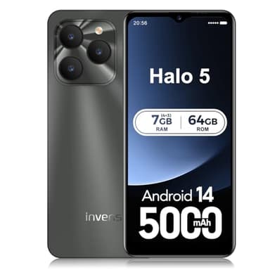 invens Halo 5 Mobile Phones SIM Free Unlocked Android 14 Smartphone with 6.52''HD+ Display, 5000mAh Battery,7GB+64GB/256GB,8MP+16MP Camera, 4G Dual Sim/Fingerprint/Face ID/GPS (Gray)
