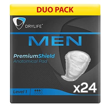 Drylife Men Level 1 Premium Shield Incontinence Pads for Bladder Weakness | Ultra Protection, Discreet Male Design & Active Odour Control for Men (2 Packs of 12)