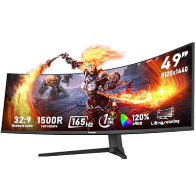 Gawfolk 49 inch Ultra-Wide Curved 1500R Gaming Computer Monitor, DQHD(5120×1440), 165Hz, 1MS, FreeSync, 120% sRGB, Height Adjustable PC Screen, HDMI2.1,DP1.4, Compatible Wall Mount 75 * 75mm- Black