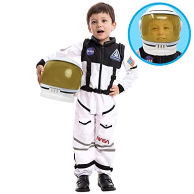 NASA Astronaut Pilot Costume Kit with Helmet Mobile Visor for Children, Boys, Girls, Children Space Roleplay Dress up, Schoolroom, Halloween Favors (White, Small)
