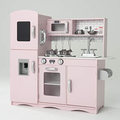 KIDOZ Signature Kids Wooden Kitchen, Large Pretend Role Play Kitchen With Realistic Oven, Microwave and Sink With Taps, Kitchen Playset With Sounds And Lights For Kids (Pink Kitchen With Utensils)