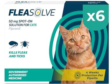 Cat Flea Treatment Spot On x 6 - Flea Treatment Cat Spot On for Cats & Kittens Over 1kg - 6 Pipettes, 6 Doses - Fast-Acting FleaSolve Solution