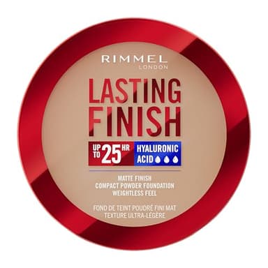Rimmel Lasting Finish 25 HR Compact Foundation 007 Golden Beige, Matte Buildable Coverage, Powder-to-Cream, Anti-Pollution Shields, SPF 20, Hyaluronic Acid, Waterproof, Hides Imperfections