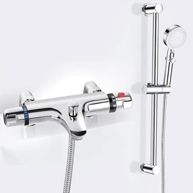 Thermostatic Bath Shower Mixer Tap with Shower Riser Kit, Deck Mounted Bath Shower Mixer Bar Set, Bath Taps with Bathtub Filler Spout, 38°C Anti Scald, Modern Chrome, 180mm