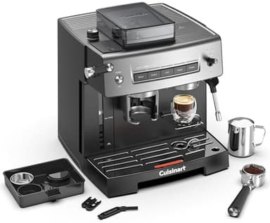 Cuisinart® Grind, Tamp and Brew Espresso Machine | Espresso, Americano, Cold Brew | Integrated milk frother for Lattes and Cappuccino | Bean to cup | Built-In Burr Grinder with 16 Settings, 20-Bar Pre