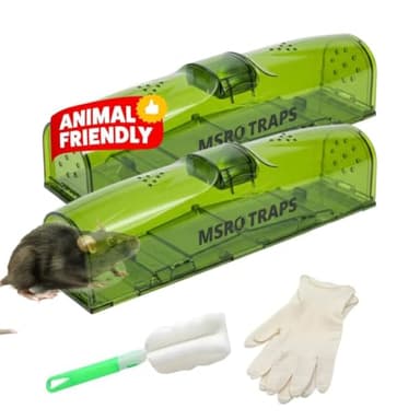 Humane-Mouse Traps for Indoors [2 Pack] Extra-Long with Safe Dual Side Upward Doors No Tail Cuts, Includes Gloves & Washable Brush Field Mouse Catchers & Reusable for Indoor/Outdoor Use No-Kill By MSR