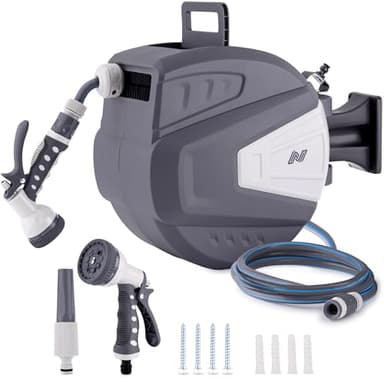 NETTA Hose Reel 40m – Wall Mounted Garden Hose Reel with Auto Rewind & 180° Swivel - Retractable Garden Hose Pipe with 9-Function Spray Gun - Heavy Duty Hose Pipe & 3/4" BSP Fittings