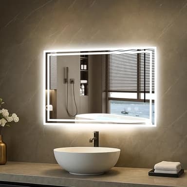 CROWNSHOP Bathroom Mirror with LED Lights 80x60cm Demister Touch Sensor | IP54 Waterproof | 5mm HD Explosion-Proof Glass | Aluminum Frame | Detachable Plug | Memory Lighting Horizontal/Vertical Mount