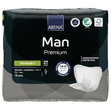 Abena Man Formula 1 Incontinence Pads for Men, Eco-Labelled Mens Incontinence Pads, Extra Protection, Breathable & Comfortable with Fast Absorption, Discreet - 450ml Absorbency, 15PK