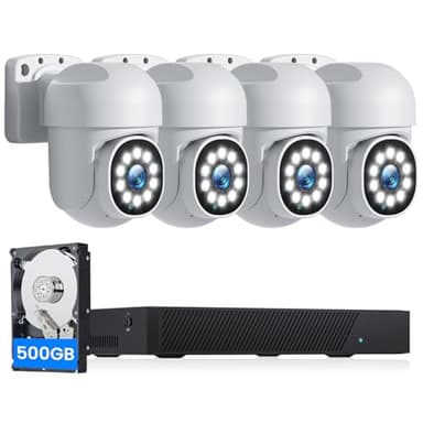 Camcamp 5MP 8CH PoE CCTV Camera System with Auto Tracking, 4K NVR with 500GB HDD & 4 Outdoor PTZ Cameras, Color Night Vision, Two-Way Audio, 24/7 Recording