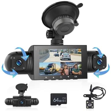 Hodozzy Car 360° Dash Cam Front and Rear Inside 4 Channel HD 4 * 1080P Dashcam for Cars, 3 inch Car Camera with Parking Monitor, Night Vision, G-Sensor Loop Recording, Wide Angle, 64GB Card