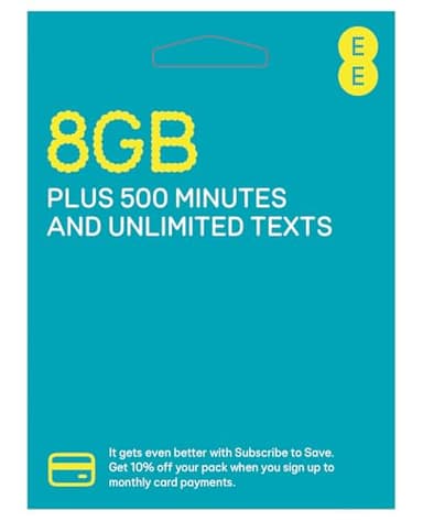 EE Pay As You Go SIM Card UK PREPAID PAYG £10 Bundle - 8GB + Unltd Texts & 500 Mins