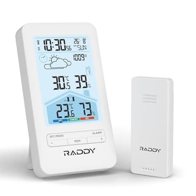 Raddy V4 Wireless Weather Station with Outdoor Sensor, indoor outdoor Temperature & Humidity Monitor with Atomic Clock, Weather Forecast, Dual Alarm, USB-C Rechargeable, 5-Level Backlight for Home