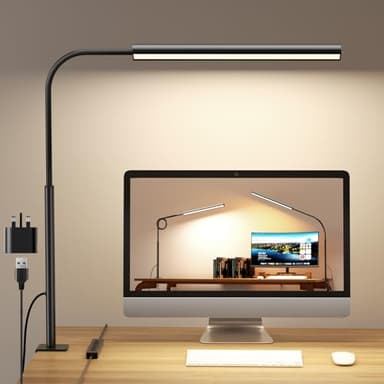 WHW3WIN LED Desk Lamp with Clamp - Flexible Gooseneck - 5 Lighting Modes, 11 Brightness Levels, Timer & Memory, Eye-Comfort Study/Nail Light, 12W Adapter Included - Black