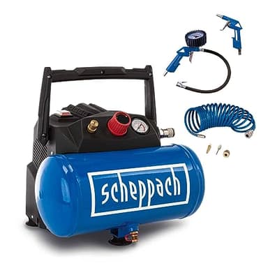 Scheppach HC06 6L Air Compressor | 1200W Oil-Free 200L/min | Compact for Tyre Inflation, Paint Spray Gun, Nail Staple Gun, Air Ratchet | 8 Bar | Inc. Accessory Kit & Hose