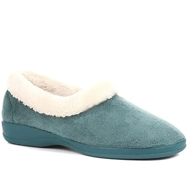 Pavers - Womens Full Slipper in Teal - Faux Fur Collar - Provides Ultimate Comfort - Indoors & Out - Size 7 UK
