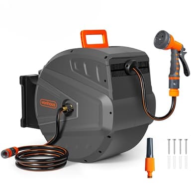 VonHaus Hose Reel - Wall Mounted Hose Reel for Garden, Retractable, Auto Lock and Auto Rewind, Includes Wall Fixings and 9 Function Spray Gun, 180° Pivot Swivelling, Long Reach, Outdoor Watering (40m)