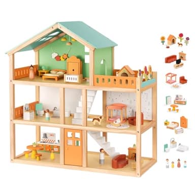 OOOK Large Wooden Dollhouse with 42 Pcs Luxurious Furniture Accessories, 3-Story Doll House 6 Rooms Balcony Wooden Stairs, Ideal Modern Dollhouse for Toddlers 3-5