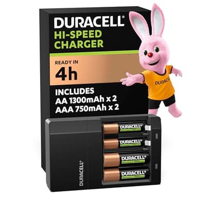 DURACELL Hi-Speed Battery Charger, 4 hours, Compatible with AA and AAA NiMh Batteries, 2x AA 1300mAh and 2x AAA 750 mAh, Rechargeable Batteries Included