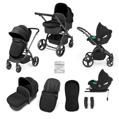 Ickle Bubba Stomp Urban Travel System with i-Size Cirrus Car Seat & ISOFIX Base (Midnight) – Birth to 22kg (Approx. 4 Years), Lightweight Pram with Seat Unit, Compact Fold & Essential Accessories