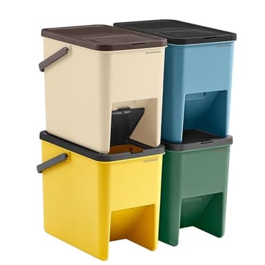 SONGMICS Recycling Bins for Kitchen, Set of 4 Stackable Trash Bins, 20L Each, Waste Separation System, Press-to-Open Lids, with Stickers, Storage Bins, Yellow, Blue, Beige and Green LTB760Q01