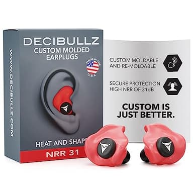 Decibullz - Custom Molded Earplugs, 31dB Highest NRR, Comfortable Hearing Protection for Shooting, Travel, Swimming, Work and Concerts (Red)