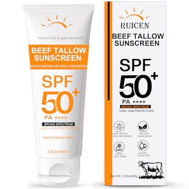 Mineral Sunscreen SPF 50, Tallow Sunscreen with Zinc Oxide and Face and Body Sun Cream -Non Greasy Formula, No White Cast, Reef Safe - UVA/UVB Suncream for Sensitive Skin- Water-Resistant - 80g