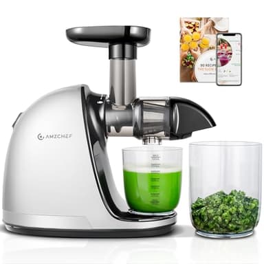 AMZCHEF Juicer Machines - Cold Press Slow Juicer - Masticating Juicer for Whole Fruits and Vegetables - Delicate Chew No Need to Filter - BPA Free Juice Extractor with 2 Cups and Brush - White