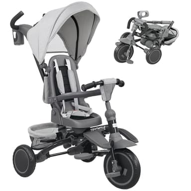 AIYAPLAY Kids Trike, Toddler Tricycle 6 in 1 Foldable Baby Trike with Adjustable Parent Handle & Canopy, Convertible Seat, 5-Point Harness, Storage Basket & Bag for Ages 1-5 Years, Grey