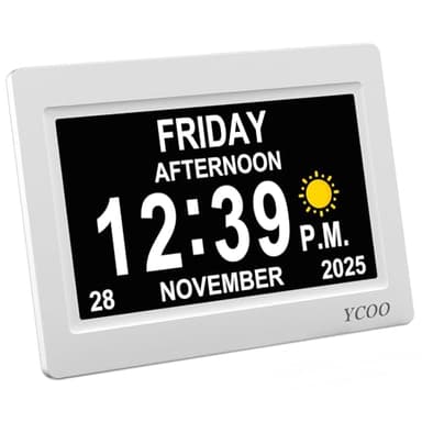 YCOO Dementia Clock, Day Date Digital Clock with Sun/Moon Icons, Large Clear Digital Display, Auto DST, 7 Display Modes, Wired Power Supply Clocks. (7 Inch White)