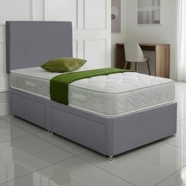 SANA SLEEP Premium Plain Fabric Divan Bed Set With Mattress, 2 Drawers (Same Side) and Headboard 3FT Single - Sierra Shark Grey