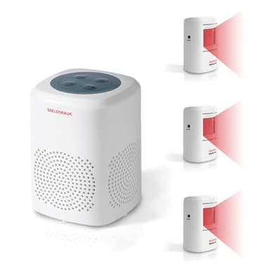 S SELDORAUK Motion Sensor, PIR Dog Barking Alarm Door Chime Alert Guard Doorbell Wireless Infrared Detect Device Wall Mounted for Home Entering Reminder Range 1000ft 110dB (1Receiver+3Detectors)